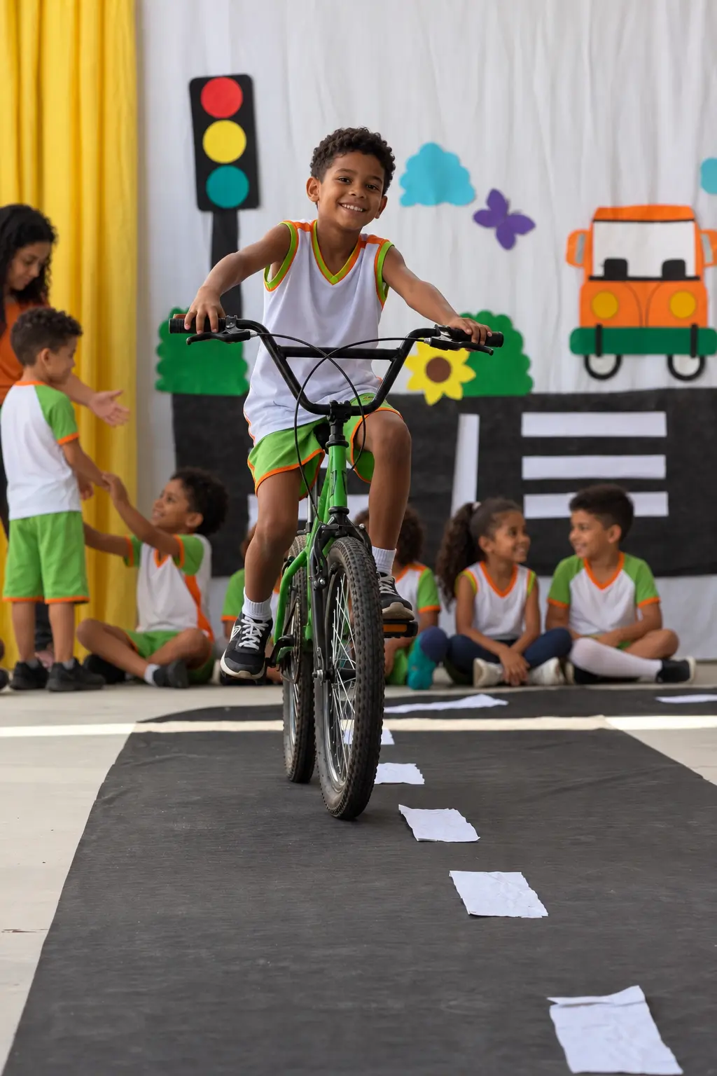 Aluno da São Lucas andando de bicicleta na pista do Dia do Trânsito