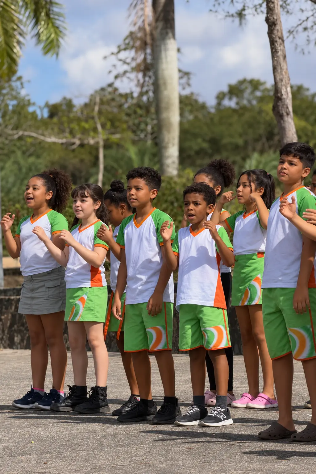 Alunos da São Lucas cantando e dançando ao ar livre na Semana das Crianças