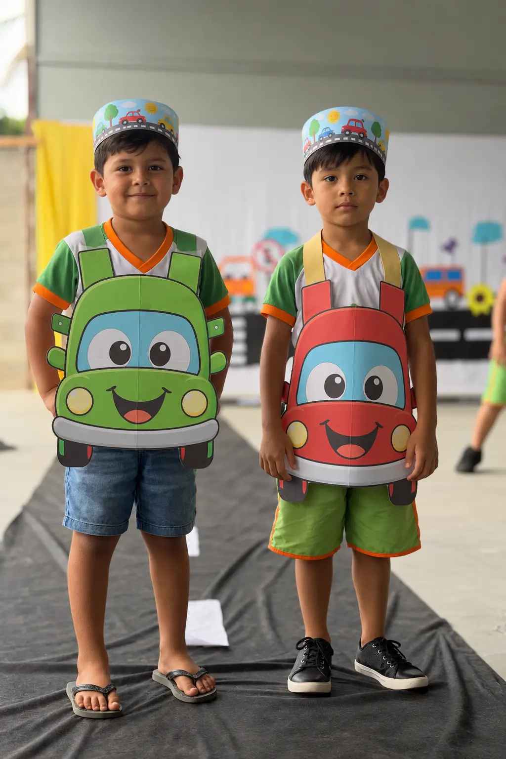Dois alunos da Educação Infantil com fantasias de carrinho no Dia do Trânsito